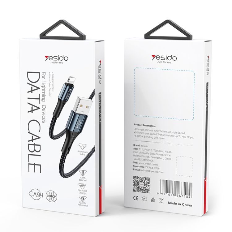 کابل شارژ USB به Lightning یسیدو CA94 طول 2 متر 2.4 آمپر
