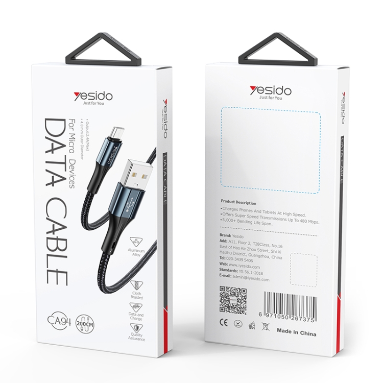 کابل شارژ USB به Micro یسیدو YESIDO CA94 طول 2 متر 2.4 آمپر