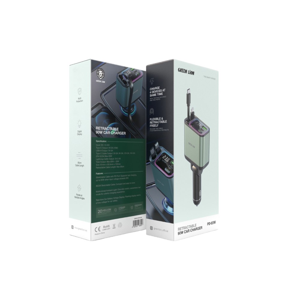 شارژر فندکی یکپارچه با کابل های جمع شونده گرین Green 65w