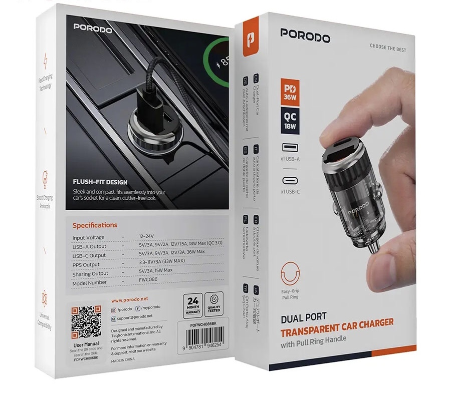 شارژر فندکی 36 وات پرودو Porodo Dual Port Transparent Car Charger FWC086