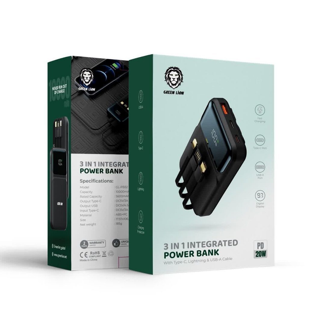 پاوربانک یکپارچه 10000 میلی آمپر 3 در 1 گرین Green 3in1 Integrated 10000mAh Power Bank GN3IN1INTGPBBK