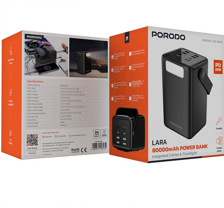 پاوربانک 80000 فست شارژ پرودو Porodo Lara 80000mAh Power Bank with Integrated Cables